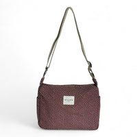 DE LA MUR Dubai herringbone jacquard small handbag in burgundy and beige, front view