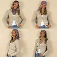 Model wearing the DE LA MUR geometric Nana scarf as neckerchief and headscarf