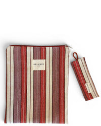 DE LA MUR Make striped jacquard book cover in burgundy and lilac with matching bookmark, front view