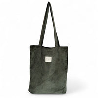 DE LA MUR Tree corduroy tote bag in green, front view