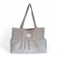 DE LA MUR beige corduroy medium ruffle tote bag, front view with shoulder straps