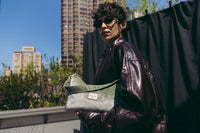 DE LA MUR Menta velvet small evening bag, worn on the shoulder, lifestyle shot