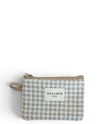 DE LA MUR Vichy check jacquard coin purse in beige and ecru, front view with zip and strap