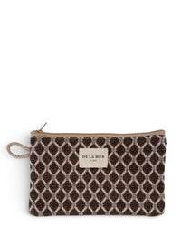 DE LA MUR Cobre geometric jacquard coin purse in beige and brown, front view