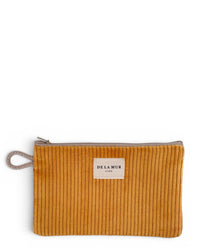 DE LA MUR Taz corduroy makeup bag in mustard yellow, front view with zip