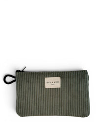 DE LA MUR Tree corduroy makeup bag in green with black strap, front view