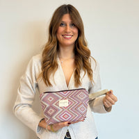 Model with the DE LA MUR Geometric Jacquard Large Makeup Bag – Pink & Lilac (Nana)