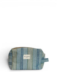 DE LA MUR striped jacquard squared makeup bag in blue and green, front view