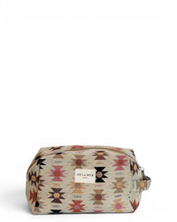 DE LA MUR Royal squared makeup bag in Aztec jacquard on beige, front view