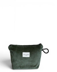 DE LA MUR Tree corduroy makeup bag in green, front view with brand label