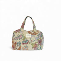 DE LA MUR floral jacquard extra large makeup bag in beige multicolor, front view with handles