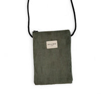DE LA MUR Tree corduroy phone sleeve in green with black crossbody cord, front view