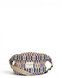 DE LA MUR geometric jacquard fanny pack in beige and pink, front view with strap
