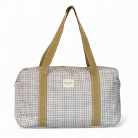 DE LA MUR gingham jacquard sports bag in beige and off-white, front view