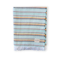 DE LA MUR striped towel in aqua and multicolor, folded with fringed edge, front view