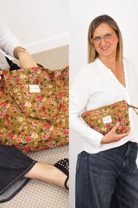 Floral Jacquard Large Tote Bag & Large Makeup Bag Gift Set – Mustard & Red (Esme)