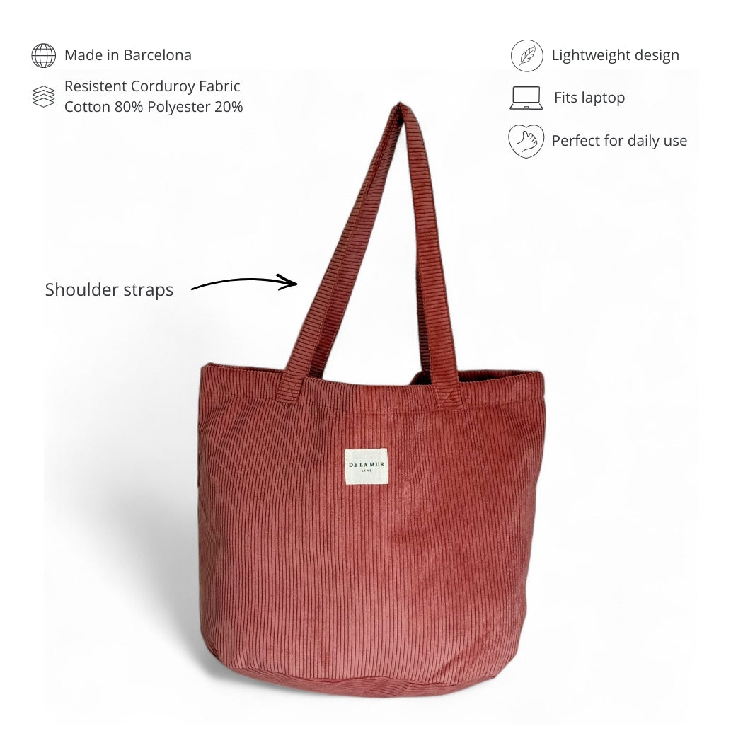DE LA MUR coral corduroy tote features infographic with shoulder straps