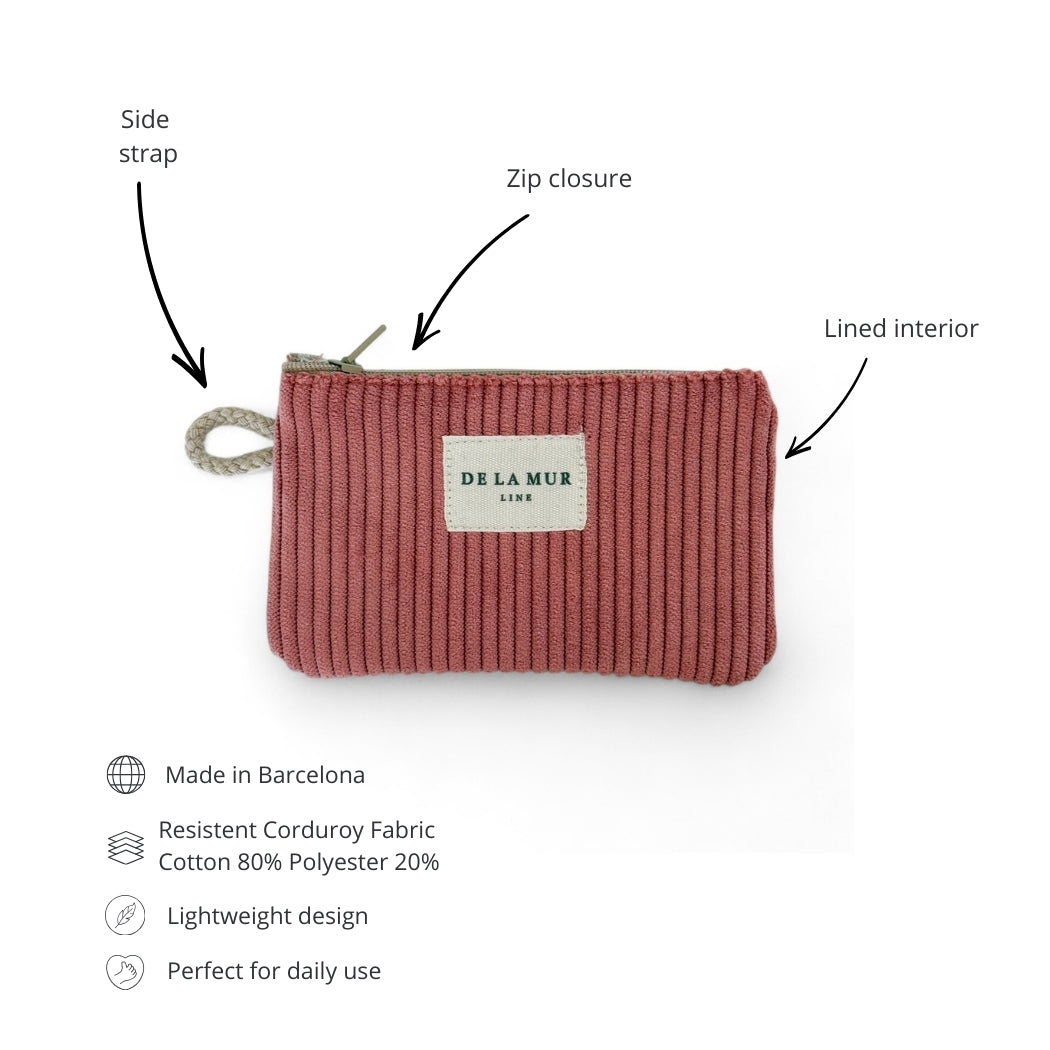 DE LA MUR coral corduroy coin purse features infographic with labeled details