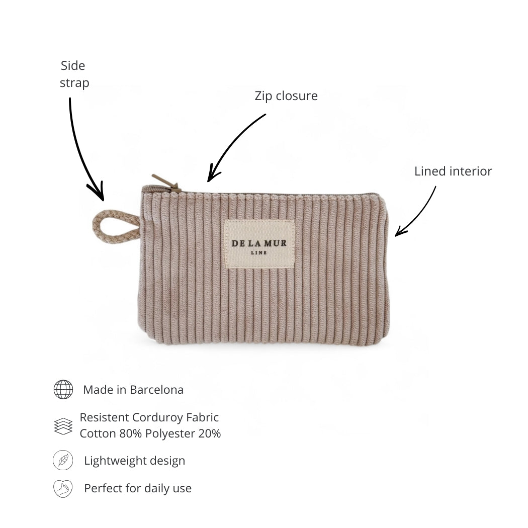 DE LA MUR corduroy coin purse features: zip, side strap, lined interior