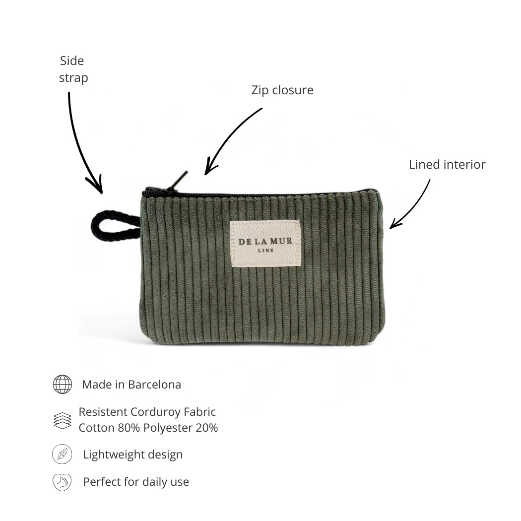 DE LA MUR green corduroy coin purse features infographic with labeled details