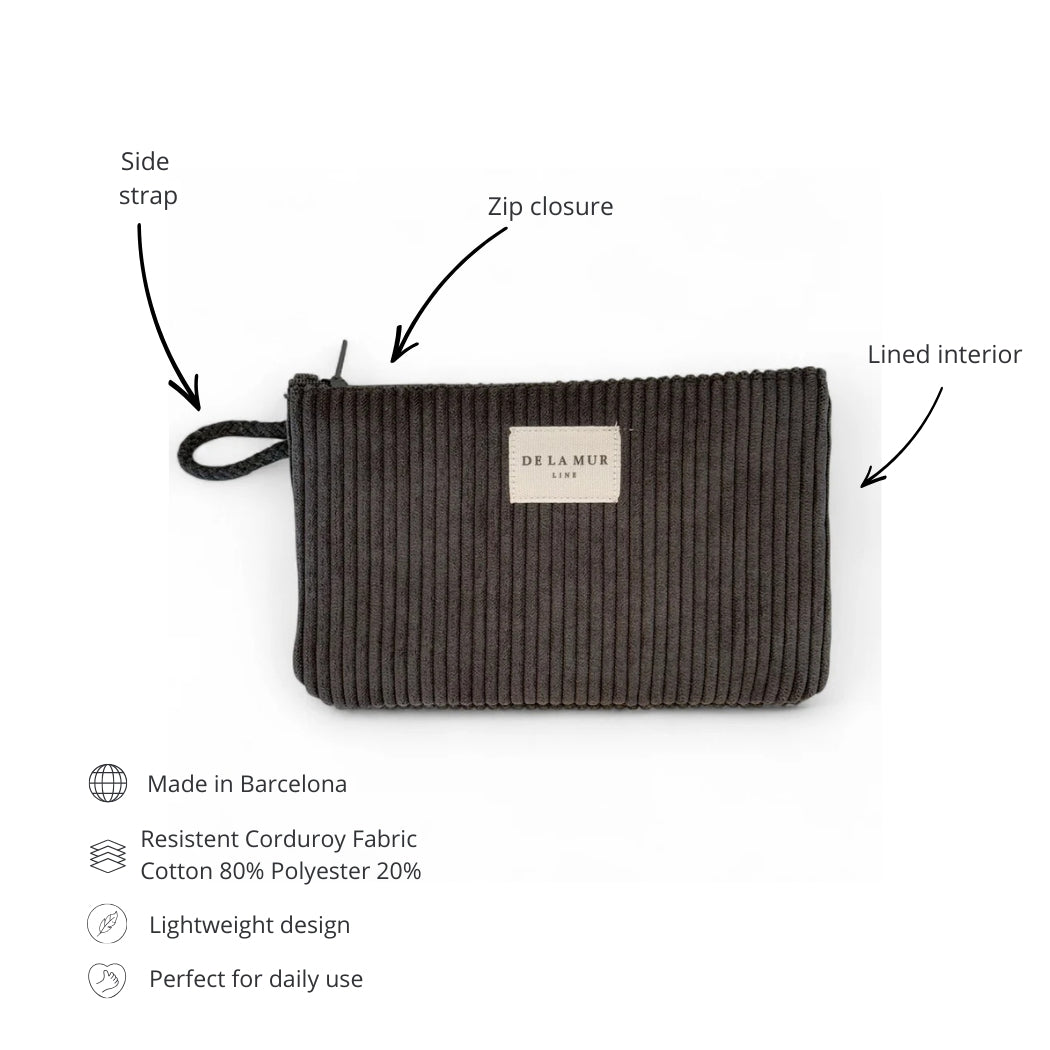 DE LA MUR gray corduroy pouch features infographic: side strap, zip, lined interior