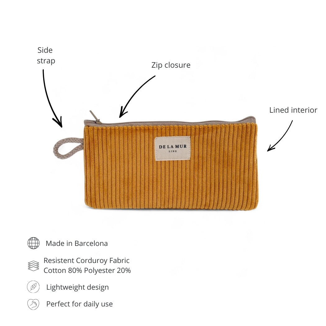 DE LA MUR corduroy eyewear case features: side strap, zip closure, lined interior
