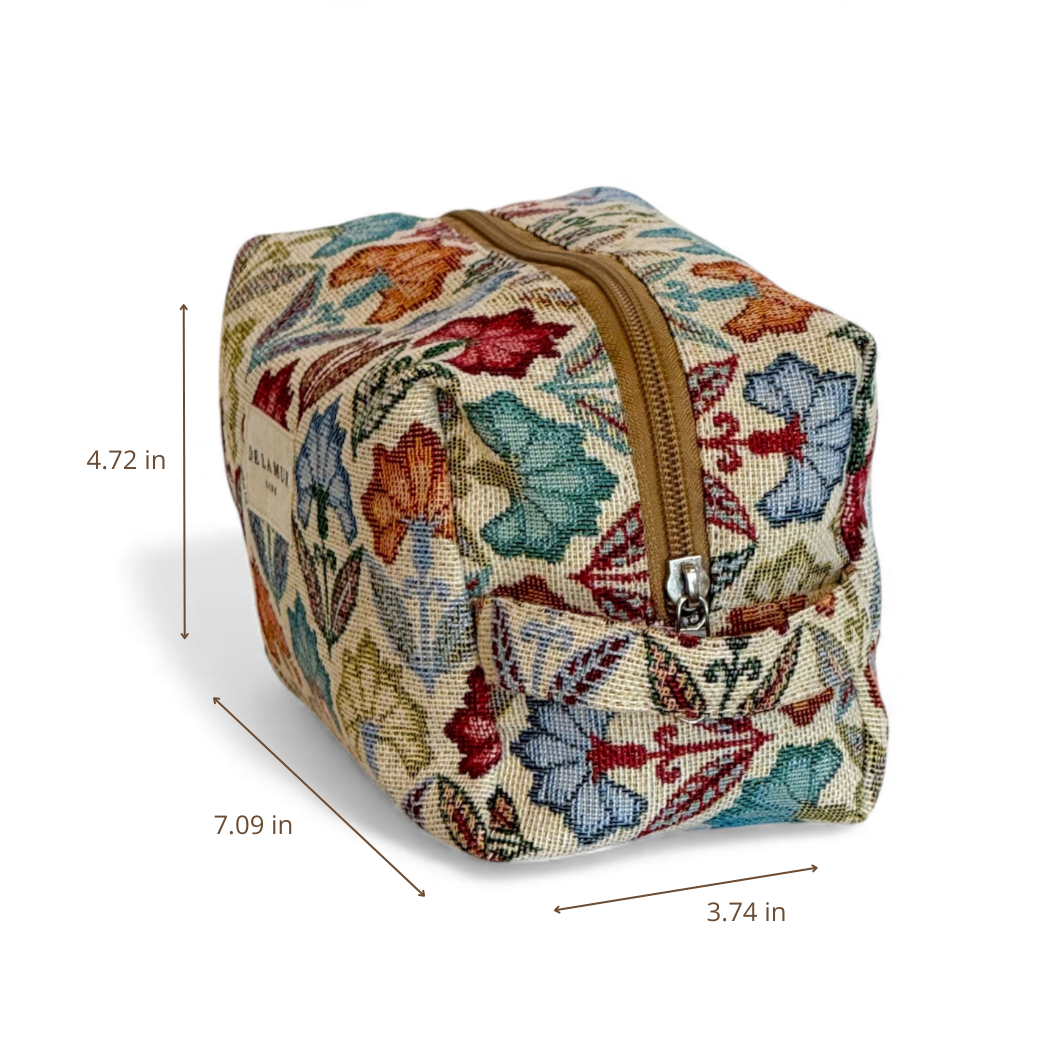 DE LA MUR multicolor floral makeup bag dimensions diagram in inches