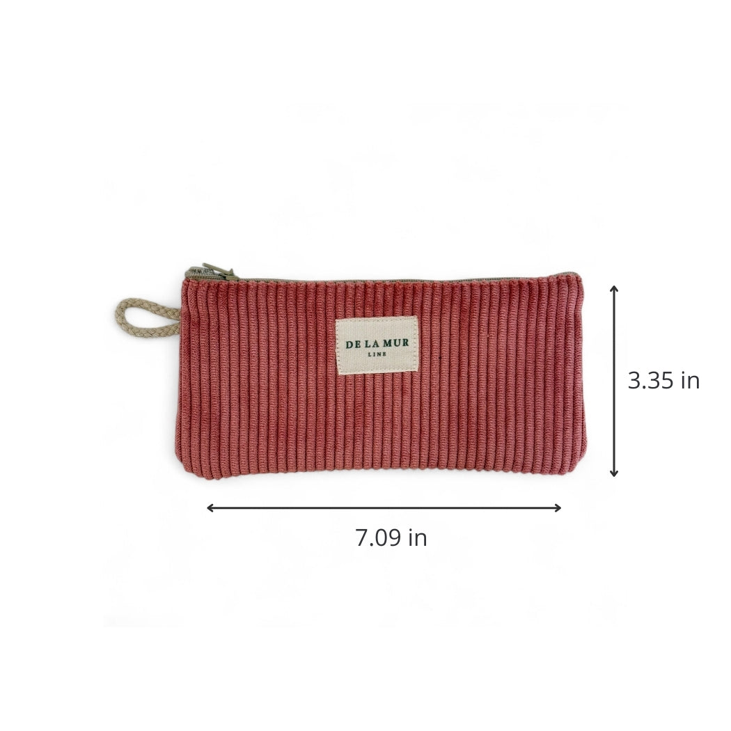 DE LA MUR coral corduroy eyewear case, flat view with dimensions in inches