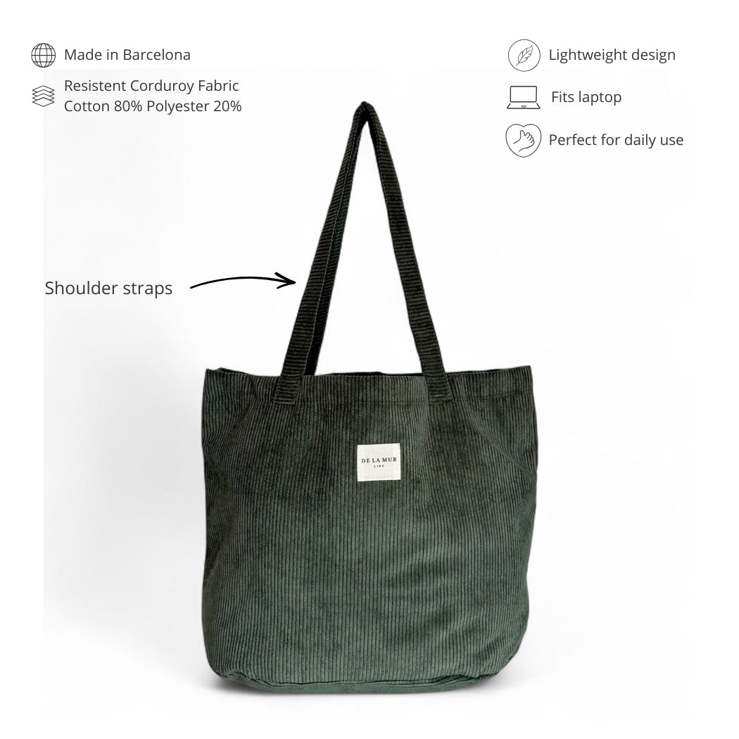 DE LA MUR Tree corduroy tote features infographic: Barcelona-made, fits laptop