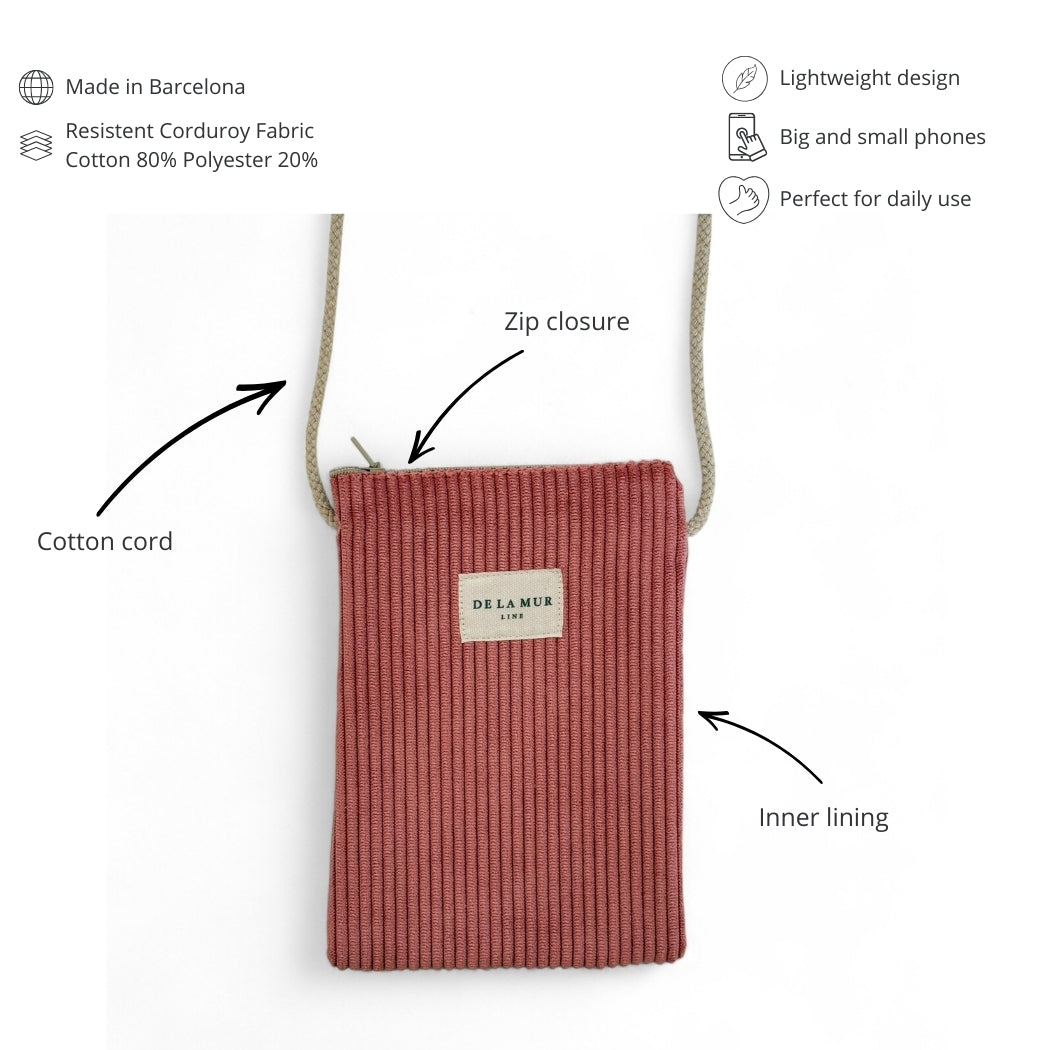 DE LA MUR Coral phone sleeve features: corduroy fabric, cotton cord, zip, inner lining