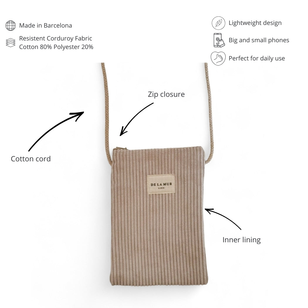 DE LA MUR phone sleeve features: cotton cord, zip closure, inner lining