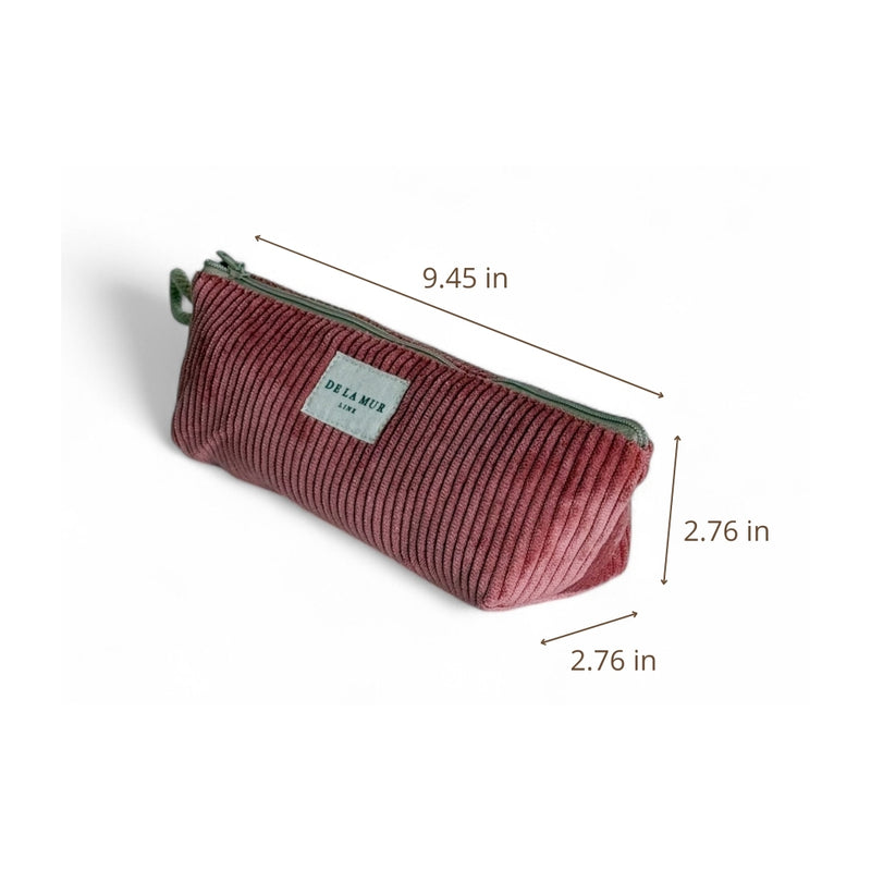 DE LA MUR Coral corduroy pencil case dimensions diagram, 9.45 x 2.76 x 2.76 in