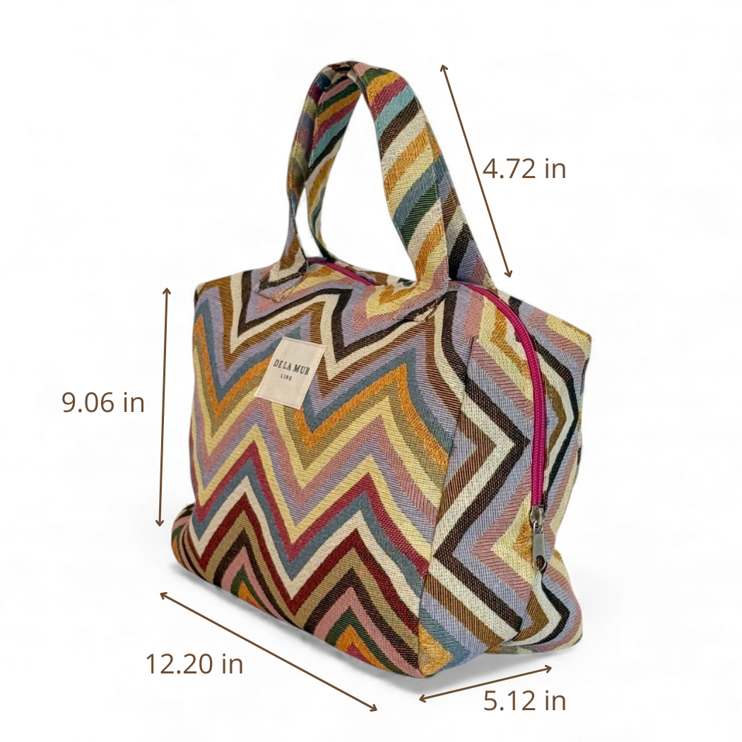 DE LA MUR multicolor chevron makeup bag dimensions diagram in inches