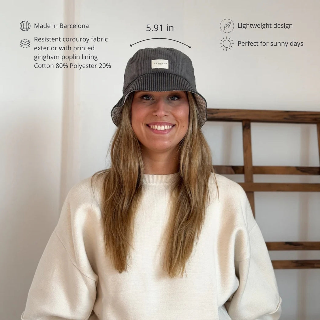 DE LA MUR gray corduroy bucket hat features and 5.91 in size infographic