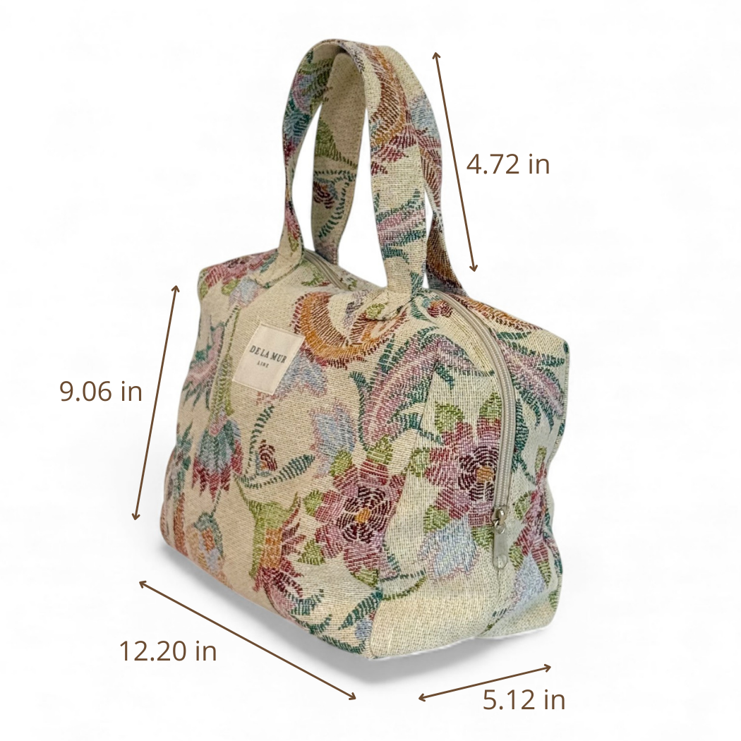 DE LA MUR floral jacquard makeup bag dimensions diagram in inches