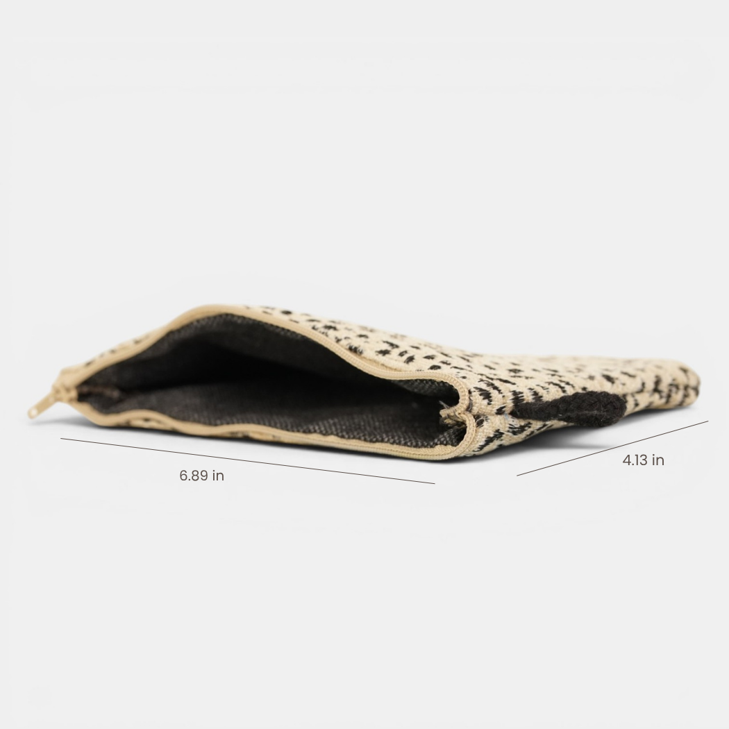 Open leopard jacquard DE LA MUR Koto makeup bag showing interior, dimensions 6.89 x 4.13 in