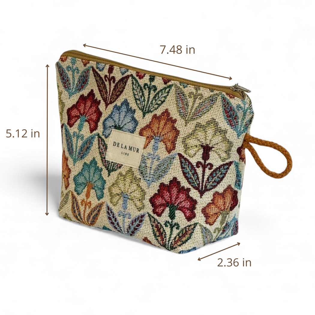 DE LA MUR Flora floral small makeup bag dimensions diagram in inches