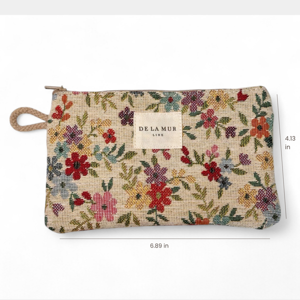 DE LA MUR Blum floral jacquard coin purse with wristlet, showing 6.89 x 4.13 in dimensions
