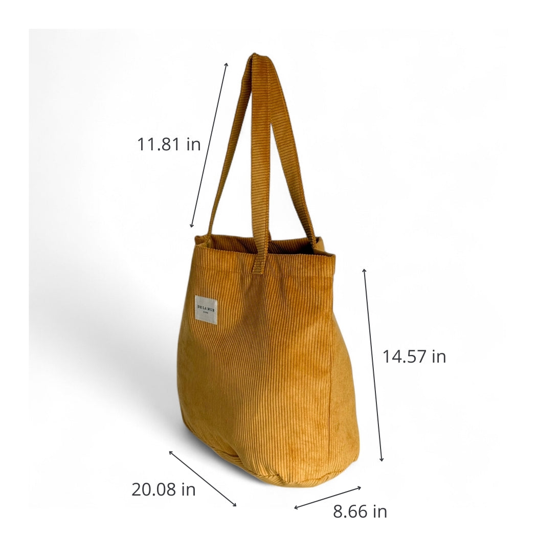 DE LA MUR mustard corduroy tote bag dimensions diagram in inches