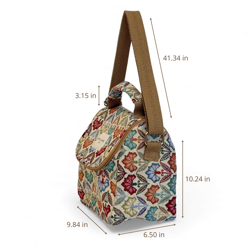 DE LA MUR Flora lunch bag dimensions diagram in inches, side view