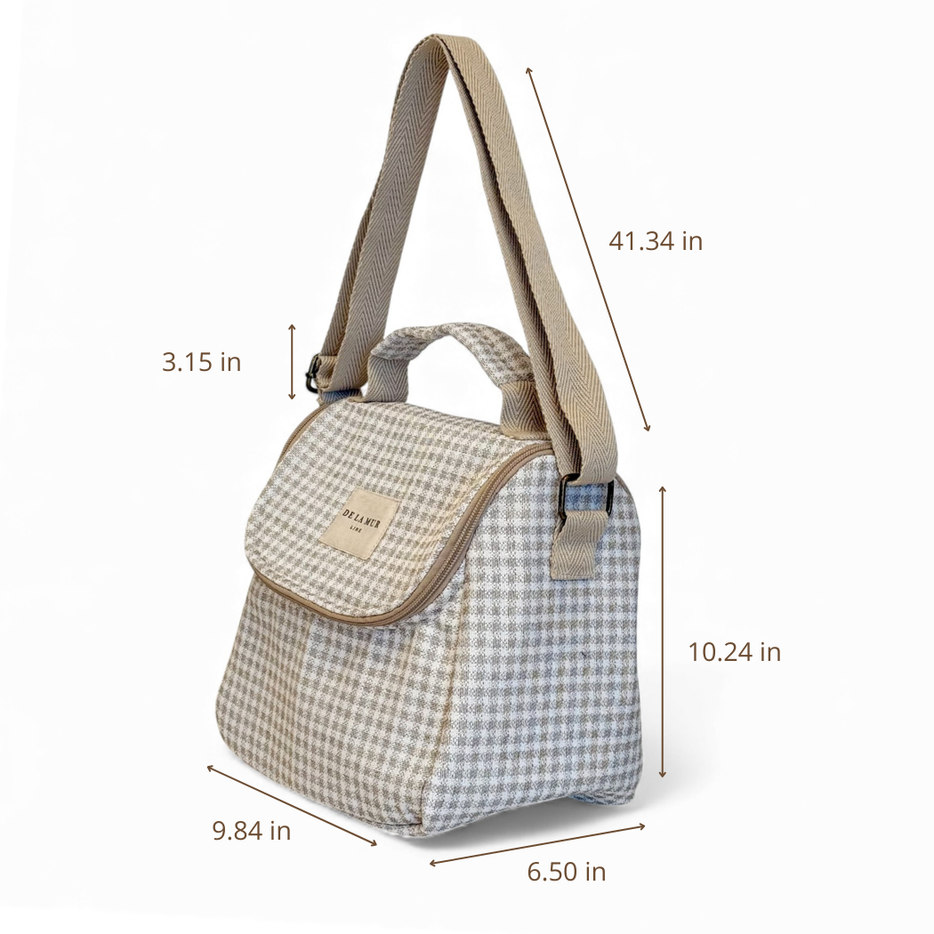 DE LA MUR Vison lunch bag dimensions diagram in inches, side view