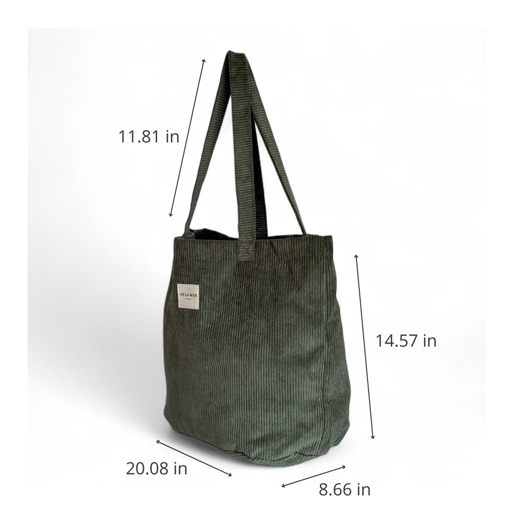 DE LA MUR Tree green corduroy tote bag dimensions diagram in inches