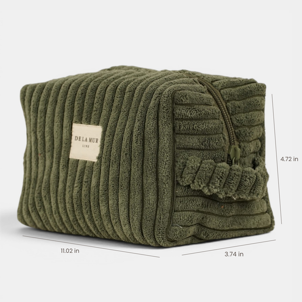 DE LA MUR olive green corduroy makeup bag, side view with 11.02x4.72x3.74 in dimensions
