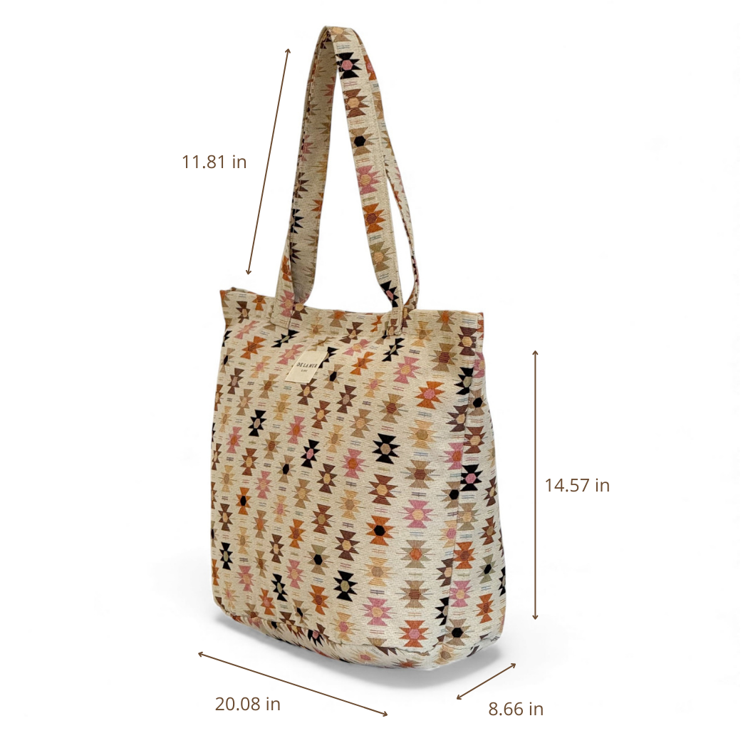 DE LA MUR Royal jacquard tote bag dimensions diagram in inches
