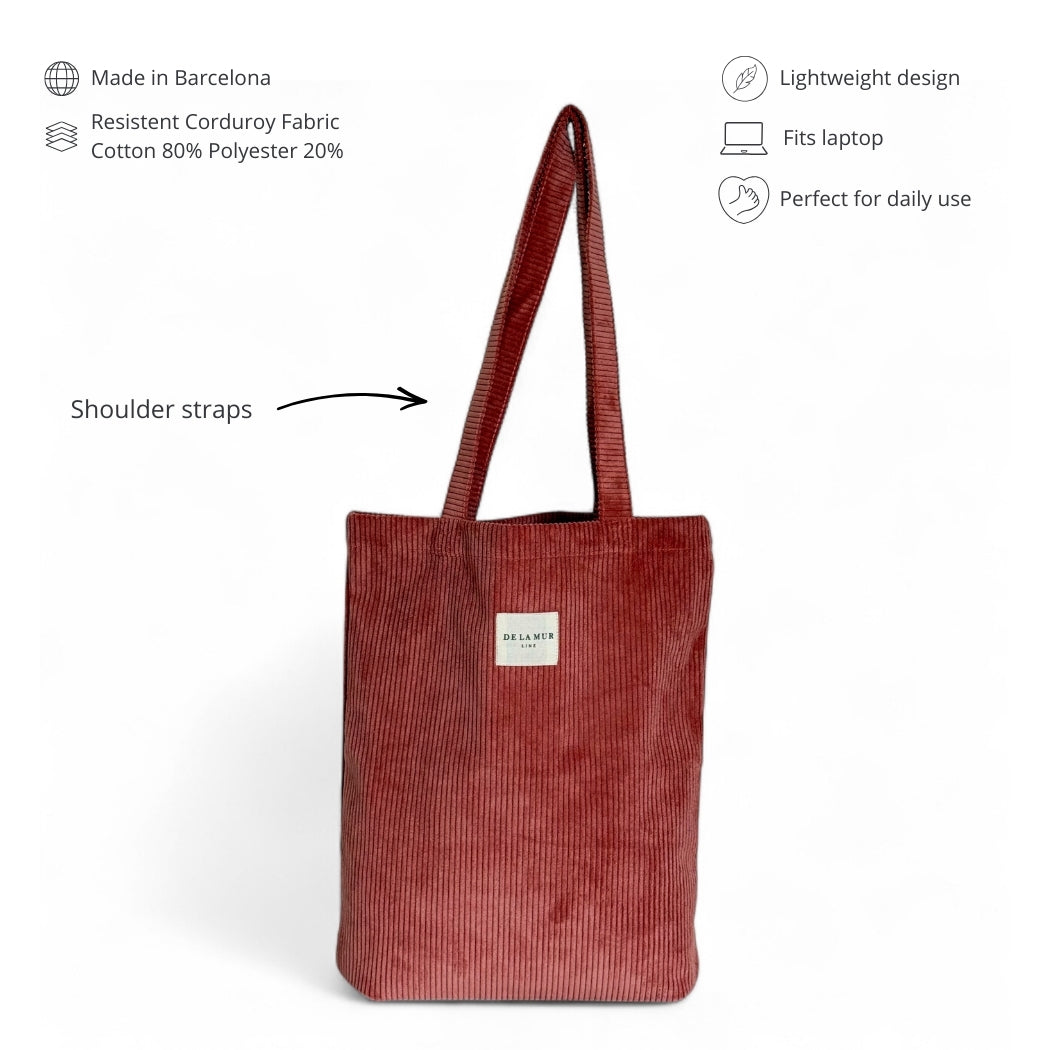 DE LA MUR coral corduroy tote features infographic: shoulder straps, fits laptop