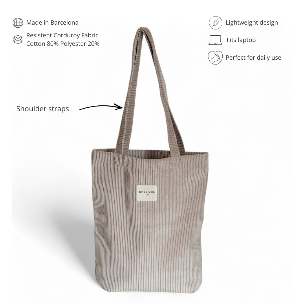 DE LA MUR beige corduroy tote features infographic: shoulder straps, fits laptop