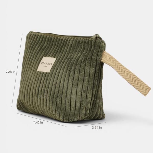 DE LA MUR olive green corduroy makeup bag dimensions diagram: 11.42 x 7.28 x 3.94 in