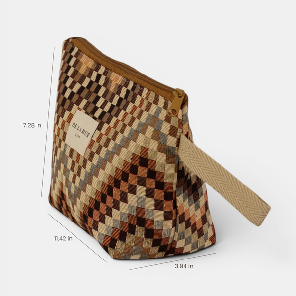 DE LA MUR brown & beige jacquard makeup bag, three-quarter view with 11.42x7.28x3.94 in dimensions