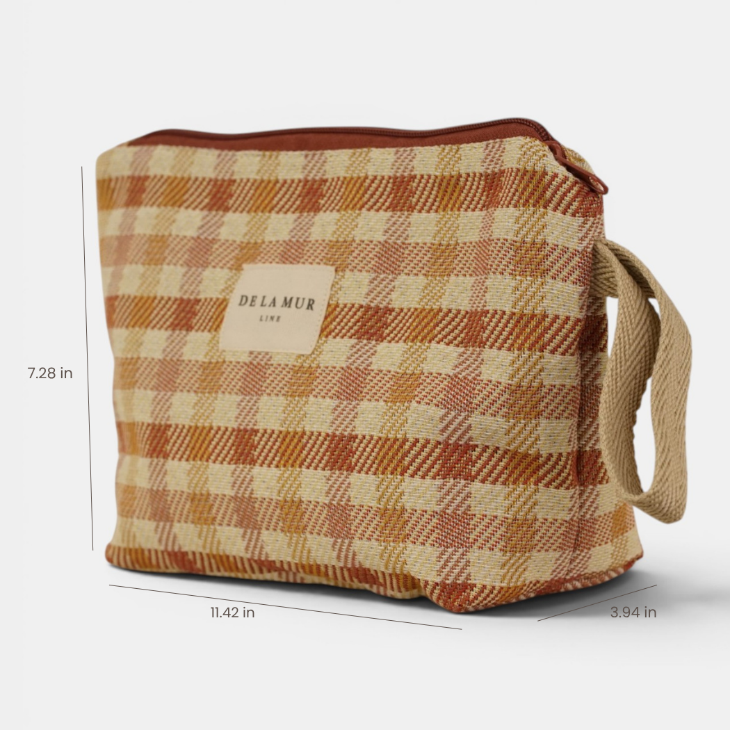 DE LA MUR terracotta gingham jacquard makeup bag, three-quarter view with dimensions