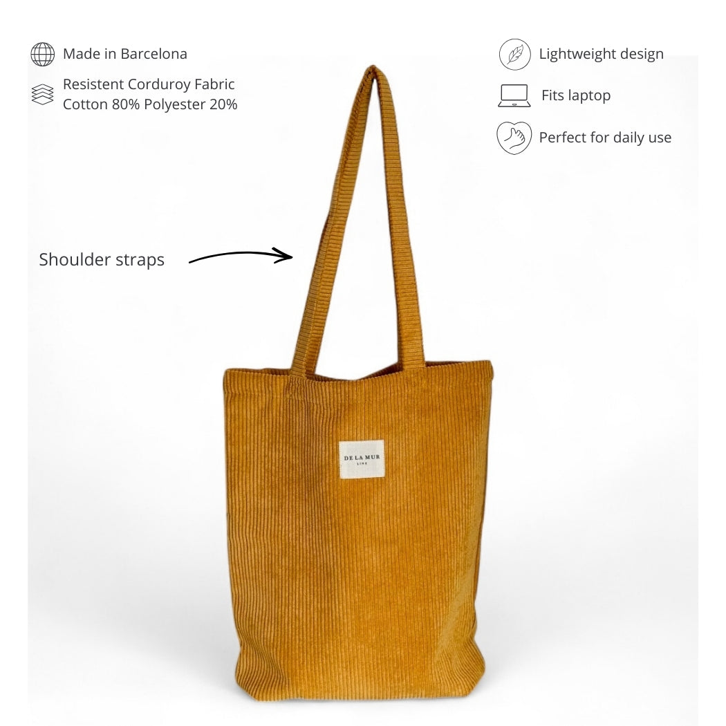 DE LA MUR Taz corduroy tote features infographic with materials and shoulder straps